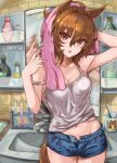  1girl agnes_tachyon_(umamusume) ahoge arm_behind_head arm_up bare_arms bare_shoulders bathroom blue_shorts breasts brown_eyes brown_hair camisole collarbone cowboy_shot denim denim_shorts drying drying_hair faucet fingernails fisheye hair_between_eyes hand_up head_tilt highres indoors medium_breasts medium_hair midriff_peek mirror navel okitsugu open_clothes open_fly open_shorts reflection short_shorts shorts sink solo_focus stomach strap_slip tile_wall tiles toothbrush towel towel_on_head umamusume unbuttoned wet wet_face wet_hair 