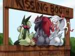  2023 anthro anus big_butt booth butt butt_grab claws duskguard english_text female female/female generation_5_pokemon generation_9_pokemon genitals group hair hand_on_butt hi_res hisuian_form hisuian_zoroark kiss_mark kiss_mark_on_anus kiss_mark_on_butt kissing_booth looking_at_viewer looking_back looking_back_at_viewer mask meowscarada nintendo outside pokemon pokemon_(species) presenting presenting_hindquarters pussy rear_view red_hair regional_form_(pokemon) sitting smile take_your_pick text trio white_hair zoroark 