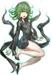  1girl aura black_dress black_footwear breasts check_commentary commentary_request curly_hair dress floating full_body green_eyes green_hair high_heels infukun long_sleeves looking_at_viewer no_socks one-punch_man open_mouth shoe_dangle short_hair simple_background small_breasts solo tatsumaki teeth telekinesis thighs twisted_torso white_background 