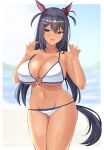 1girl absurdres animal_ears bare_shoulders bikini black_hair blurry blurry_background breasts claw_pose cleavage cowboy_shot cropped_legs dark-skinned_female dark_skin ear_ornament fang highres hishi_amazon_(umamusume) horse_ears horse_girl horse_tail large_breasts o-ring o-ring_bikini open_mouth outdoors simple_background skin_fang smile solo solo_focus swimsuit tail tf_cafe umamusume white_background white_bikini 