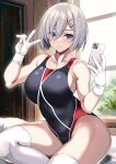  1girl alternate_costume black_one-piece_swimsuit blue_eyes breasts cellphone closed_mouth commentary_request competition_swimsuit covered_navel gloves grey_hair hair_between_eyes hair_ornament hairclip hamakaze_(kancolle) hands_up highleg highleg_swimsuit highres holding holding_phone indoors kantai_collection kyogoku_shin large_breasts looking_at_phone one-piece_swimsuit phone red_one-piece_swimsuit selfie short_hair sitting solo swimsuit thighhighs thighs two-tone_swimsuit v white_gloves white_thighhighs 