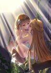  2girls blush bra braid brown_eyes duel_monster exosister_elis exosister_stella eye_contact flower gem green_eyes hair_ornament hand_on_another&#039;s_face highres ivy jewelry ladder light_brown_hair lily_(flower) long_hair looking_at_another multiple_girls navel necklace open_mouth pearl_necklace red_gemstone ruins shun_no_shun star_(symbol) star_hair_ornament sunlight underwear very_long_hair yu-gi-oh! yuri 