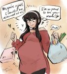  1girl bare_shoulders big_belly black_hair blush breasts earrings gold_earrings hairband highres jewelry large_breasts long_hair off-shoulder_sweater off_shoulder pregnant red_eyes red_sweater sapphicbump sidelocks spy_x_family sweater white_hairband yor_briar 