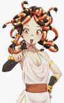  1girl ancient_greek_clothes breasts english_commentary forked_tongue gauntlets greco-roman_clothes highres original red_eyes ribbon snake snake_hair suweeka tongue white_background yellow_pupils yellow_ribbon 
