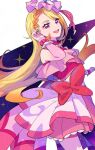  1girl :d blonde_hair chon_chiyon commentary_request cure_butterfly dress eyelashes hair_ornament happy hijiri_ageha hirogaru_sky!_precure long_hair looking_at_viewer magical_girl multicolored_hair open_mouth orange_hair pink_dress pink_eyes pink_skirt precure skirt smile solo standing streaked_hair 