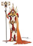  1girl armor cape hammer high_heels humanoid_robot mistress_of_flame narrow_waist official_art orange_cape robot sarah_stone shoulder_armor solo the_transformers_(idw) thighs transformers war_hammer weapon white_background wide_hips yellow_eyes 
