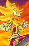  absurdres animal_ears artist_name blue_eyes gloves hedgehog hedgehog_ears hedgehog_tail highres red_footwear shoes siggiedraws solo sonic_(series) sonic_frontiers sonic_the_hedgehog super_sonic tail white_gloves yellow_fur 