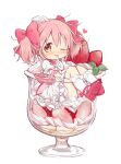  1girl absurdres blush bow cup dress english_commentary finger_to_mouth food fruit glass hair_bow heart highres hitode kaname_madoka looking_at_viewer lying mahou_shoujo_madoka_magica medium_hair on_back one_eye_closed open_mouth pink_bow pink_eyes pink_footwear pink_hair shoes short_sleeves short_twintails simple_background smile socks solo strawberry strawberry_parfait twintails white_background white_dress white_socks 