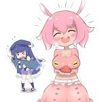  &gt;_&lt; 2girls ^^^ ^_^ animal blue_hair blush_stickers bracelet braid braided_sidelock breasts carrying cephalopod chibi cleavage closed_eyes coelacanth coelacanth_(kemono_friends) creature_and_personification cropped_shirt dark_blue_hair distress english_commentary facing_viewer fins fish flying_sweatdrops full_body hair_between_eyes hairband happy head_fins holding japanese_pancake_devilfish_(kemono_friends) jewelry kemono_friends kemono_friends_3 long_hair long_sleeves medium_hair midriff multicolored_hair multiple_girls navel open_mouth pink_hair pink_shirt sandals shirt sifserf simple_background skirt smile square_neckline standing stomach tan turn_pale two-tone_hair upper_body very_long_hair wet white_background white_hair 