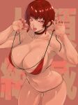  1girl breasts choker cleavage earrings highres jewelry large_breasts lips lipstick looking_at_viewer makeup navel open_mouth red_eyes red_hair short_hair sk_(sk-g) slit_pupils snk solo swimsuit the_king_of_fighters tongue tongue_out vice_(kof) 