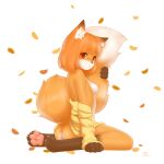  1nfernalcat absurd_res anthro breasts butt canid canine clothing female fox hair hi_res inner_ear_fluff leaf mammal orange_hair pawpads paws red_eyes short_hair sitting solo tail tail_hug tuft young 
