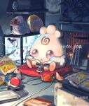  amehatobook cable carrot character_doll cleffa commission controller cushion game_cartridge game_controller holding holding_controller holding_game_controller igglybuff indoors mixed-language_commentary nintendo_switch packet playing_games poke_ball poke_ball_(basic) pokemon shelf sitting stitches thank_you togepi watermark 