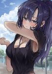  1girl armpits black_tank_top blue_archive blue_eyes blush breasts cleavage cloud highres large_breasts long_hair looking_at_viewer outdoors ponytail purple_hair saya_(mychristian2) solo sweat tank_top upper_body very_long_hair yuuka_(blue_archive) 