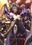  1girl absurdres bat_wings breasts chair chalice cleavage crossed_legs demon demon_girl digimon digimon_(creature) fallen_angel grey_eyes hair_ornament highres holding_goblet kotatsu_(nukunuku) large_breasts lilithmon looking_at_viewer medium_hair nail_polish purple_hair sitting solo wings 