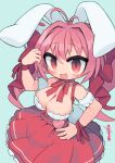  1girl :d animal_ears arm_garter artist_name blue_background blush breasts cleavage commentary_request di_gi_charat dice_hair_ornament hair_ornament hand_on_own_hip highres huge_breasts nanatsuta neck_ribbon open_mouth pink_eyes pink_hair rabbit_ears red_ribbon red_skirt ribbon signature simple_background skirt smile solo twintails usada_hikaru wrist_ribbon 