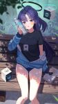  1girl arm_support bare_legs bench black_shirt blue_archive blue_buruma blurry blush bottle breasts buruma depth_of_field drone facepaint feet_out_of_frame grass gym_uniform half_updo halo highres holding holding_bottle jacket jacket_partially_removed lanyard long_hair looking_at_viewer medium_breasts on_bench outdoors park_bench partially_unzipped ponytail purple_eyes purple_hair shirt sitting solo star_(symbol) stopwatch sweat track_jacket very_long_hair water_bottle white_towel yanoyoru yuuka_(blue_archive) yuuka_(track)_(blue_archive) 
