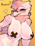  &lt;3 absurd_res anthro areola avian biped bobo_(claweddrip) claweddrip dialogue english_text female fur hi_res looking_at_viewer nipple_tape nude pasties pink_body pink_fur simple_background solo tape text yellow_background 