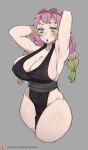  1girl armpits arms_behind_head arms_up black_dress bob_(bobtheneet) braid breasts cleavage curvy dress gradient_hair green_hair highres huge_breasts kanroji_mitsuri kimetsu_no_yaiba long_hair looking_at_viewer mole mole_under_eye multicolored_hair multiple_braids open_mouth pelvic_curtain pink_hair presenting_armpit sleeveless sleeveless_dress solo tri_braids 