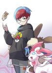  1girl absurdres blue_hair closed_mouth commentary_request glasses grey_eyes hand_in_pocket hand_up highres hood hoodie long_sleeves looking_down multicolored_hair pantyhose penny_(pokemon) pleated_skirt poke_ball_print pokemon pokemon_(creature) pokemon_(game) pokemon_sv red_hair rotom rotom_phone round_eyewear see-through see-through_skirt short_hair short_shorts shorts skirt smile sylveon two-tone_hair yuro_(mangasukinoyuro) 