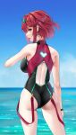  1girl ass bare_shoulders black_one-piece_swimsuit blush breasts competition_swimsuit highleg highres jewelry large_breasts looking_at_viewer matrix16 one-piece_swimsuit pyra_(pro_swimmer)_(xenoblade) pyra_(xenoblade) red_eyes red_hair red_one-piece_swimsuit short_hair solo swept_bangs swimsuit thighs tiara two-tone_swimsuit xenoblade_chronicles_(series) xenoblade_chronicles_2 