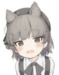  1girl :d animal_ear_fluff animal_ears beret black_bow black_bowtie black_headwear blush bow bowtie brown_eyes brown_hair cat_ears collared_shirt commentary_request extra_ears fang hat hatoba_tsugu highres kemonomimi_mode looking_at_viewer mole mole_under_eye open_mouth seramikku shirt short_hair simple_background single_hair_ring skin_fang smile solo suspenders tsugu_(vtuber) upper_body virtual_youtuber white_background white_shirt 