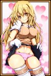  1girl blonde_hair breasts bright_pupils brown_eyes brown_sweater brown_sweater_vest brown_vest closed_mouth clothes_lift commentary_request covered_nipples dated elbow_gloves feet_out_of_frame gloves grey_skirt groin hair_between_eyes head_tilt heart heart_background highres impossible_clothes large_breasts lifted_by_self light_blush long_hair looking_at_viewer miniskirt navel p-chan_(mitsuta52) panties pink_background pink_panties pleated_skirt school_uniform shirt shokuhou_misaki short_sleeves skirt skirt_lift sleeveless sleeveless_sweater smile solo spider_web_print star-shaped_pupils star_(symbol) stomach summer_uniform sweater sweater_vest symbol-shaped_pupils thighhighs thighs toaru_kagaku_no_railgun toaru_kagaku_no_railgun_s toaru_majutsu_no_index tokiwadai_school_uniform underwear vest white_gloves white_shirt white_thighhighs yellow_pupils 
