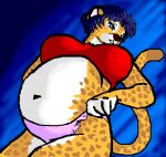  anthro belly big_breasts blue_hair breasts cheetah clothing danellz digital_media_(artwork) dressing felid feline female fur green_eyes hair mammal navel panties pregnant solo spots spotted_body spotted_fur topwear underwear white_body white_fur 