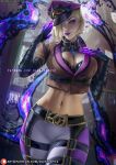  1girl artist_name belt black_bra blonde_hair blue_eyes blurry blurry_background bra breasts brown_belt claws cleavage closed_mouth cowboy_shot earrings english_commentary evelynn_(league_of_legends) eyeshadow glowing glowing_hand hair_over_one_eye jewelry large_breasts league_of_legends lipstick long_hair looking_at_viewer makeup midriff mole mole_under_eye navel official_alternate_costume official_alternate_hairstyle olesyaspitz outdoors paid_reward_available pants patreon_username purple_eyeshadow purple_headwear purple_lips short_hair soul_fighter_evelynn standing stomach underwear watermark web_address white_pants 