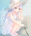  1girl bare_arms breasts character_request copyright_request dress flower frilled_dress frills full_body grey_eyes hand_in_own_hair hat hat_flower holding holding_stick long_hair parted_lips sand_castle sand_sculpture sandals serino_itsuki sitting sleeveless sleeveless_dress small_breasts solo stick straw_hat sundress white_dress white_flower white_footwear white_hair 