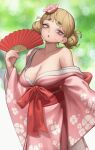  1girl :o absurdres bags_under_eyes blonde_hair blurry blurry_background boku_no_hero_academia breasts cleavage cowboy_shot double_bun flower hair_bun hair_flower hair_ornament hand_fan head_tilt highres holding holding_fan japanese_clothes kimono lentiyay looking_at_viewer messy_hair obi pink_kimono red_sash sash solo standing sweat thick_eyebrows toga_himiko yellow_eyes yukata 
