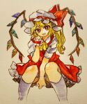  1girl ascot between_legs blonde_hair crystal feet_out_of_frame flandre_scarlet frilled_skirt frills glitter hand_between_legs hand_on_own_cheek hand_on_own_face hat hat_ribbon head_tilt key747h long_hair looking_at_viewer mob_cap multicolored_wings one_side_up open_mouth photo_(medium) puffy_short_sleeves puffy_sleeves red_eyes red_ribbon red_skirt red_vest ribbon shirt short_sleeves skirt skirt_set socks solo teeth touhou traditional_media upper_teeth_only vest white_background white_shirt white_socks wings wrist_cuffs yellow_ascot 