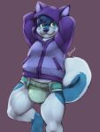 absurd_res anthro bastionshadowpaw blue_body blue_fur blue_hair canid canine canis cheek_markings chubby_anthro chubby_male clean_diaper clothed clothing diaper domestic_dog facial_markings fur green_eyes hair head_markings hi_res hoodie husky hybrid male mammal markings nordic_sled_dog slightly_chubby smile solo spitz topwear wearing_diaper wintie wolf 