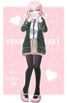  1girl backpack bag black_thighhighs breasts character_name collared_shirt danganronpa_(series) danganronpa_2:_goodbye_despair envelope flipped_hair galaga hair_ornament heart highres holding holding_envelope hood jacket long_sleeves looking_at_viewer love_letter medium_hair miniskirt nanami_chiaki neck_ribbon open_clothes pink_background pink_eyes pleated_skirt ribbon shirt shirt_tucked_in shoes skirt solo thighhighs white_background white_shirt xiuyang_zhong 