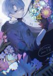  1boy 2022 bamiln black_gloves black_shirt blue_eyes blue_hair bouquet clock dated flower gloves highres holding holding_bouquet kirisaki_shidou long_sleeves looking_at_viewer looking_back male_focus milgram mole mole_under_eye pale_skin roman_numeral shirt short_hair signature solo white_shirt 