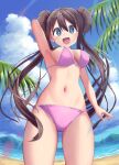 1girl :d absurdres arm_behind_head armpits beach bikini blue_eyes blue_sky blush breasts brown_hair cameltoe cleavage cloud commentary_request curvy day double_bun facing_viewer groin hair_bun hair_spread_out happy highres kajitsu_no_hito large_breasts light_rays long_hair looking_at_viewer low_twintails midriff mountainous_horizon navel ocean open_mouth outdoors palm_tree pink_bikini pokemon rosa_(pokemon) shiny_skin sidelocks sky smile solo stomach swimsuit thighs tree twintails very_long_hair wide-eyed 
