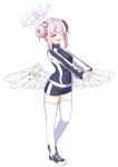  1girl ;d absurdres angel_wings black_shorts blue_archive blunt_bangs commentary_request double_bun feathered_wings flower fukujin full_body gym_shorts gym_uniform hair_bun hair_flower hair_ornament hair_scrunchie halo highres jacket long_hair long_sleeves looking_at_viewer mika_(blue_archive) multicolored_clothes multicolored_jacket official_alternate_costume official_alternate_hairstyle one_eye_closed pink_hair scrunchie shoes short_shorts shorts sidelocks simple_background smile sneakers solo standing standing_on_one_leg stretching thighhighs track_jacket two-tone_jacket white_background white_thighhighs white_wings wings yellow_eyes zettai_ryouiki 