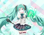  1girl absurdres black_skirt blue_bow blue_eyes blue_nails bow c309657344 collared_shirt commentary_request eighth_note elbow_gloves fingerless_gloves gloves green_hair hair_between_eyes hand_up hatsune_miku highres holding holding_microphone magical_mirai_(vocaloid) magical_mirai_miku magical_mirai_miku_(2017) microphone musical_note nail_polish plaid plaid_bow pleated_skirt shirt skirt sleeveless sleeveless_shirt solo thighhighs treble_clef twintails vocaloid white_gloves white_shirt white_thighhighs 