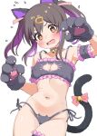 1girl animal_ears animal_hands areola_slip bare_shoulders bell black_bra black_choker black_hair black_panties blush bra breasts brown_eyes cat_cutout cat_ear_panties cat_ears cat_lingerie cat_tail choker cleavage_cutout clothing_cutout collarbone cosplay dated fang frilled_bra frilled_pantyhose frills gloves hair_ornament hairclip jingle_bell medium_breasts medium_hair meme_attire mokyutan multicolored_hair navel neck_bell onii-chan_wa_oshimai! open_mouth oyama_mahiro oyama_mahiro_(cosplay) oyama_mihari panties paw_gloves paw_pose purple_hair side-tie_panties simple_background solo stomach string_panties tail thighs twintails twitter_username two-tone_hair underwear wavy_mouth white_background 