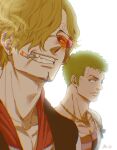  2boys asymmetrical_bangs blonde_hair blush cigarette closed_mouth curly_eyebrows facial_hair goatee green_hair hair_over_one_eye highres jewelry looking_at_viewer male_focus mrs.custard multiple_boys necklace one_eye_covered one_piece one_piece_film:_red roronoa_zoro sanji_(one_piece) short_hair signature simple_background smile smoke smoking sunglasses white_background 
