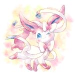  ;&gt; blue_eyes blush closed_mouth commentary_request fang fang_out full_body highres looking_up no_humans pokemon pokemon_(creature) remedy_matome smile solo standing sylveon 