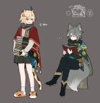  2boys absurdres alhaitham_(genshin_impact) animal_ears black_footwear black_pants black_scarf black_shorts book book_stack boots coat fox_ears fox_tail full_body genshin_impact gold_trim green_coat grey_background highres kaveh_(genshin_impact) leopard_boy leopard_ears leopard_tail long_sleeves marimo_jh multiple_boys pants reading red_coat scarf shorts simple_background sitting socks sweater tail vision_(genshin_impact) white_socks white_sweater 