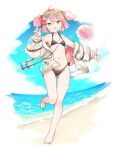  1girl ahoge bag barefoot beach bikini black_bikini commission eyewear_on_head green_eyes indie_virtual_youtuber jacket kinakomoti open_clothes open_jacket pink_hair ramu_(vtuber) round_eyewear short_hair shoulder_bag skeb_commission sky solo sunglasses swimsuit white_jacket 