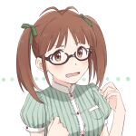  1girl akizuki_ritsuko alternate_hairstyle antenna_hair black-framed_eyewear blush bow breasts brown_eyes brown_hair clenched_hand demirinz glasses green_ribbon green_shirt hair_bow hair_ribbon hands_up idolmaster idolmaster_(classic) idolmaster_million_live! idolmaster_million_live!_theater_days large_breasts looking_at_viewer open_mouth ribbon shirt short_hair short_sleeves simple_background solo striped striped_shirt twintails upper_body wavy_mouth white_background 