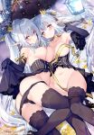  2girls armpits ass bare_shoulders black_gloves black_panties black_thighhighs blush bow braid breast_press breasts cleavage clothes_lift collarbone commentary_request crown dress elbow_gloves elf frills garter_straps gloves grey_hair groin hair_between_eyes hair_ornament large_breasts long_hair long_pointy_ears looking_at_viewer lying medium_breasts melonbooks multiple_girls navel open_mouth original panties parted_lips pointy_ears purple_eyes satsuki_misuzu siblings sidelocks smile stomach thighhighs thighs twins twintails underwear very_long_hair white_hair 