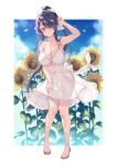  1girl aotsu_karin arm_up armpit_crease armpits blue_sky border bow breasts clothing_cutout cloud cloudy_sky collarbone commentary_request day dress eyelashes feet flower full_body hair_bow hair_over_one_eye hand_on_own_thigh highres huge_breasts knees_together_feet_apart legs looking_at_viewer nail_polish navel_cutout original outdoors pink_eyes purple_hair purple_nails ribbon sandals see-through sky smile solo standing sunflower toenail_polish toenails toes white_border white_bow white_dress white_ribbon 