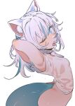  1girl animal_ear_fluff animal_ears arms_behind_head blue_eyes blue_hair blush bottomless breasts cat_ears collar ddari fins fish_tail gawr_gura hair_ornament highres hololive hololive_english kemonomimi_mode long_hair looking_at_viewer multicolored_hair one_eye_closed shark_hair_ornament shark_tail shirt small_breasts spiked_collar spikes streaked_hair stretching tail tongue tongue_out virtual_youtuber white_shirt 