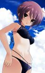  1girl artist_name bikini blue_sky breasts brown_eyes cloud cloudy_sky commentary_request day expressionless hair_between_eyes kuuma25_kuma lace-trimmed_bikini lace-trimmed_swimsuit lace_trim looking_at_viewer nagato_yuki navel outdoors parted_lips purple_hair short_hair sky small_breasts solo sunlight suzumiya_haruhi_no_yuuutsu swimsuit thighhighs twitter_username watermark 