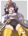  1girl :3 :d ass_visible_through_thighs bell black_shorts blunt_ends blush braid breasts brown_hair brown_sweater_vest chime_(nikke) coat commentary_request cowboy_shot from_below goddess_of_victory:_nikke hands_on_own_hips helmet highres long_hair looking_at_viewer medium_breasts open_mouth short_shorts shorts sidelocks simple_background skindentation smile solo standing sweater_vest syope thick_eyebrows thighhighs twin_braids visor_(armor) white_coat yellow_thighhighs 