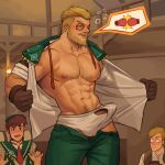  0_0 3boys abs absurdres bara bare_pectorals bare_shoulders beard blonde_hair blush brown_gloves bulge chest_hair clothes_pull cyrus_(genshin_impact) drunk erection erection_under_clothes facial_hair genshin_impact gloves green_jacket green_pants highres jacket jacket_on_shoulders large_pectorals looking_at_another male_focus male_underwear mature_male monocle multiple_boys muscular muscular_male navel navel_hair nipples open_clothes open_shirt opened_by_self pants pants_pull pectorals penis penis_peek sexually_suggestive shirt short_hair superman_exposure thick_mustache underwear white_male_underwear white_shirt whyhelbram yaoi 