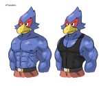  abs anthro avian beak belt biceps bird black_eyes blue_body bottomwear clothing falco_lombardi falcon falconid hi_res male mammal muscular muscular_anthro muscular_male nintendo nipples pecs shirt solo star_fox tadaoardo tank_top topwear yellow_beak 